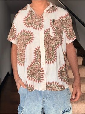 RVCA White Short-Sleeve Button-Up Shirt with Green and Brown Medallion Print